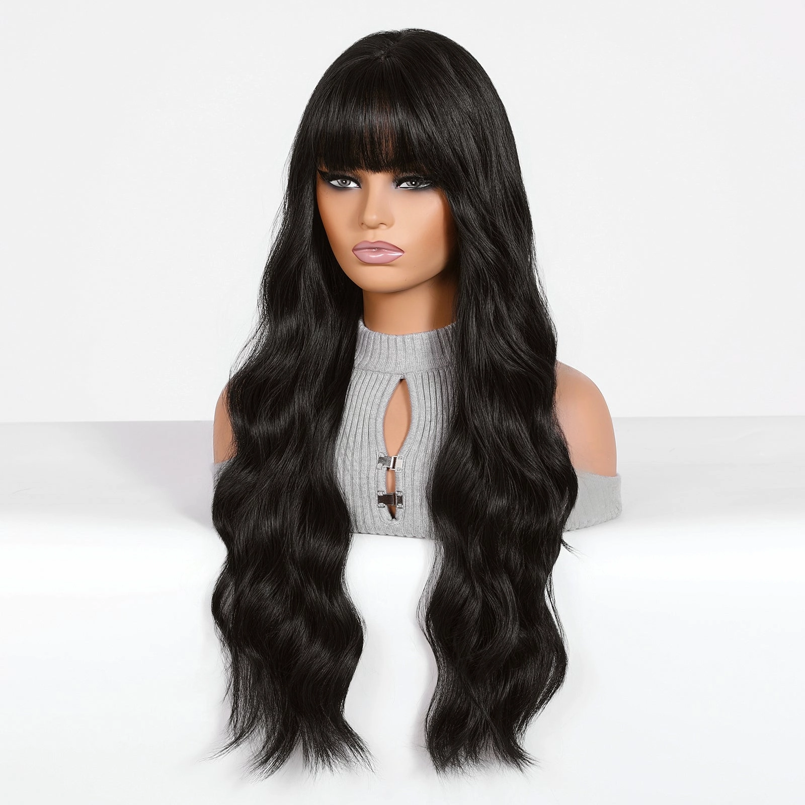 Long Wavy Natural  Black with bangs  Wig - MARKETPLACE