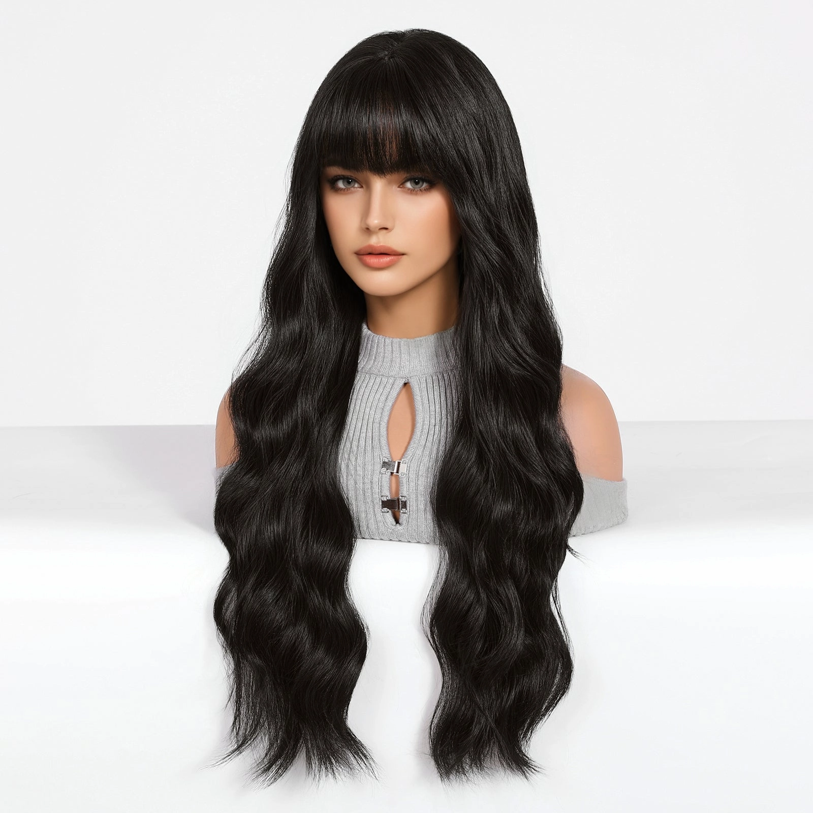 Long Wavy Natural  Black with bangs  Wig - MARKETPLACE