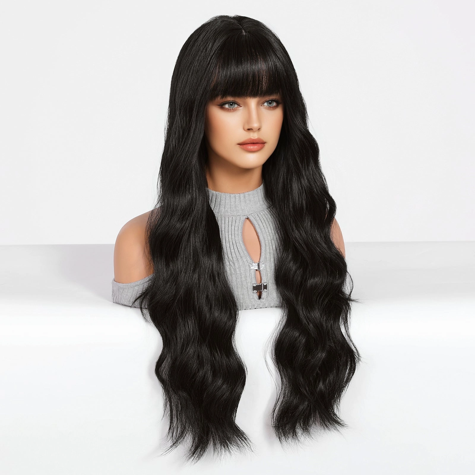 Long Wavy Natural  Black with bangs  Wig - MARKETPLACE