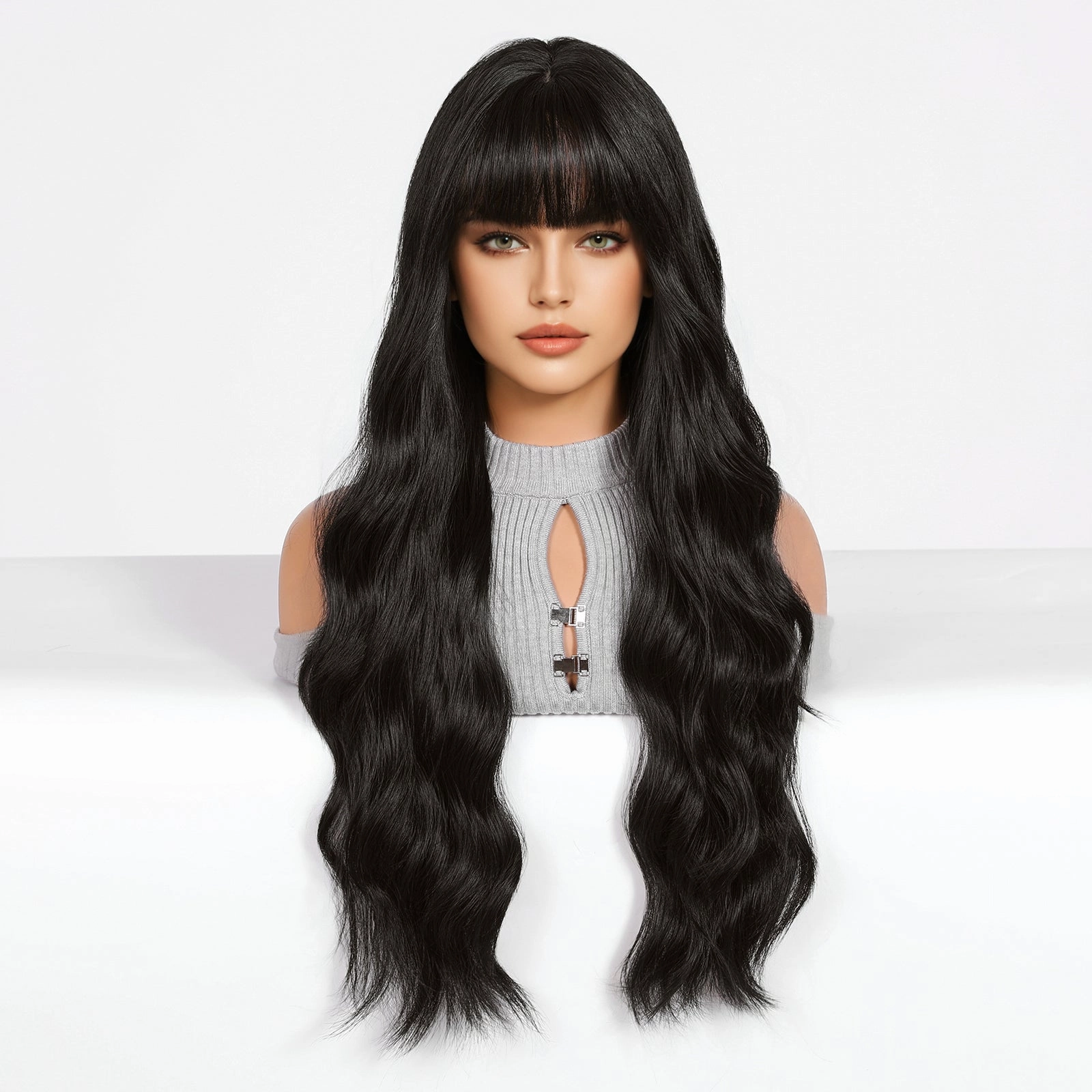 Long Wavy Natural  Black with bangs  Wig - MARKETPLACE