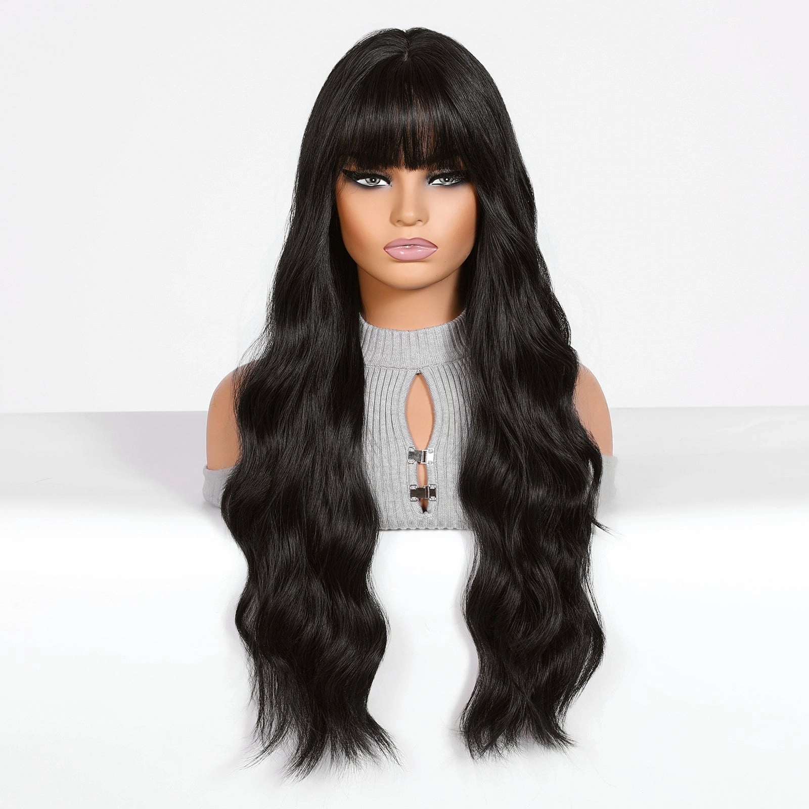 Long Wavy Natural  Black with bangs  Wig - MARKETPLACE