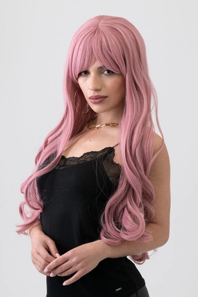 Long wavy pink wig with sweeping fringe: Millicent