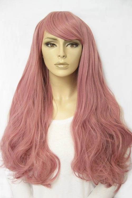 Long wavy pink wig with sweeping fringe: Millicent
