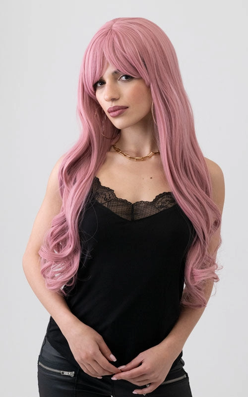 Long wavy pink wig with sweeping fringe: Millicent