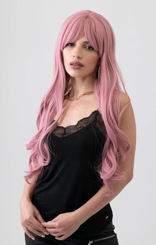 Long wavy pink wig with sweeping fringe: Millicent