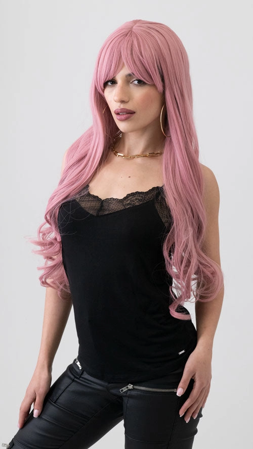 Long wavy pink wig with sweeping fringe: Millicent