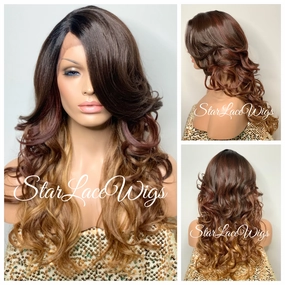 Long Wavy Synthetic Lace Front Wig Brown Auburn Ombre Layers - Carissa