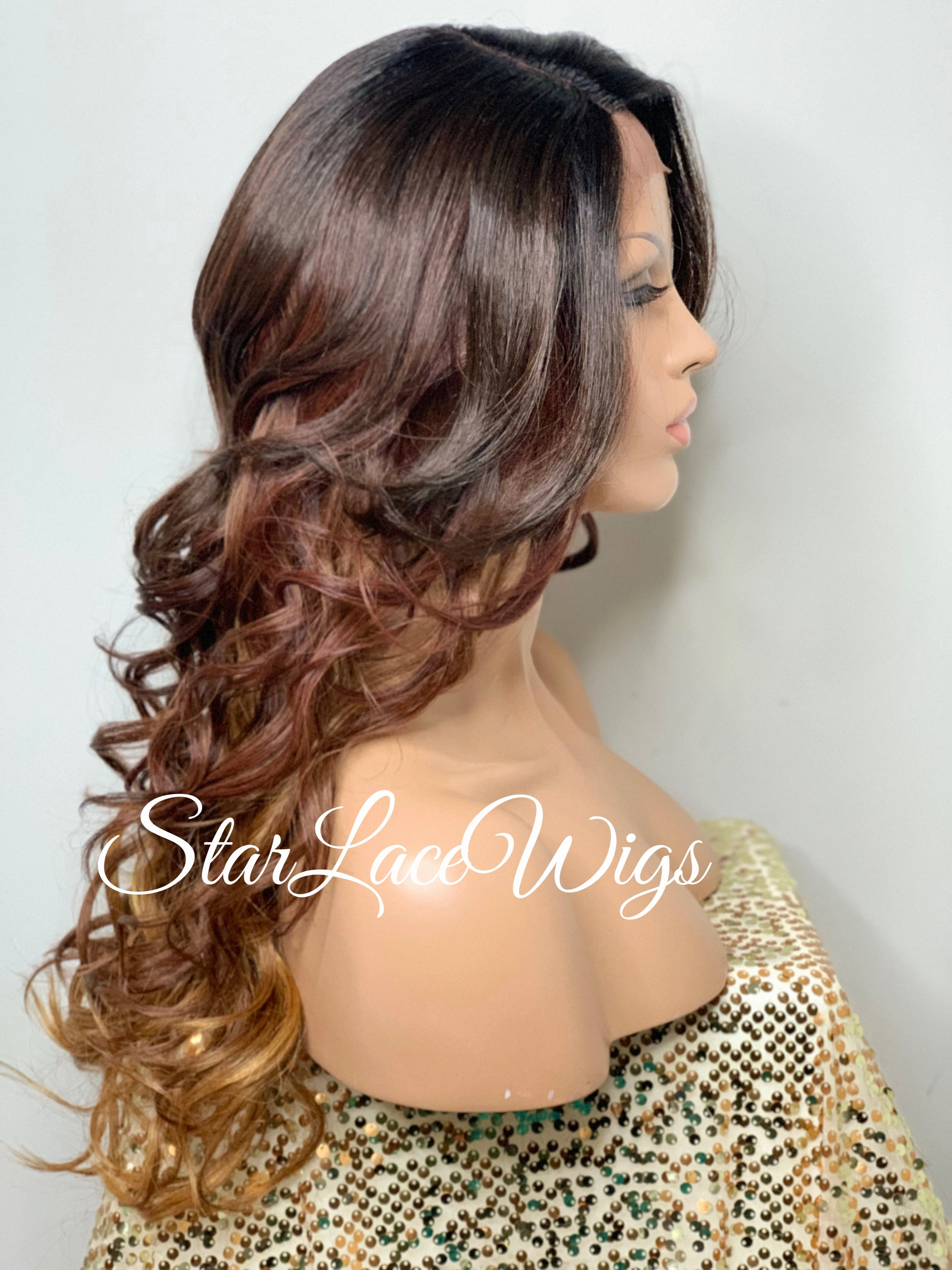 Long Wavy Synthetic Lace Front Wig Brown Auburn Ombre Layers - Carissa