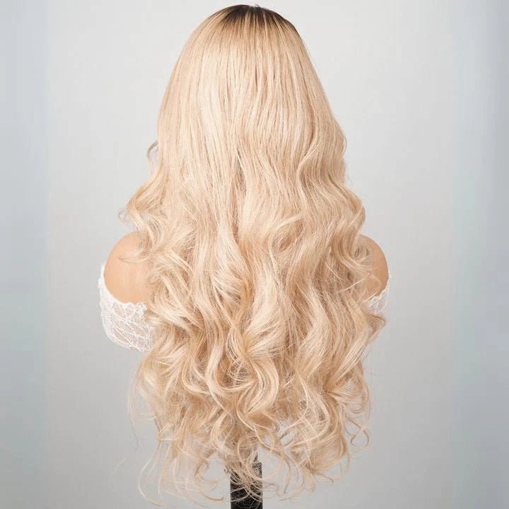 Luxury Designer Series Light Flaxen Brow with Dark Roots Wig Body Wave 13x4 Lace Front Gluleless Wigs