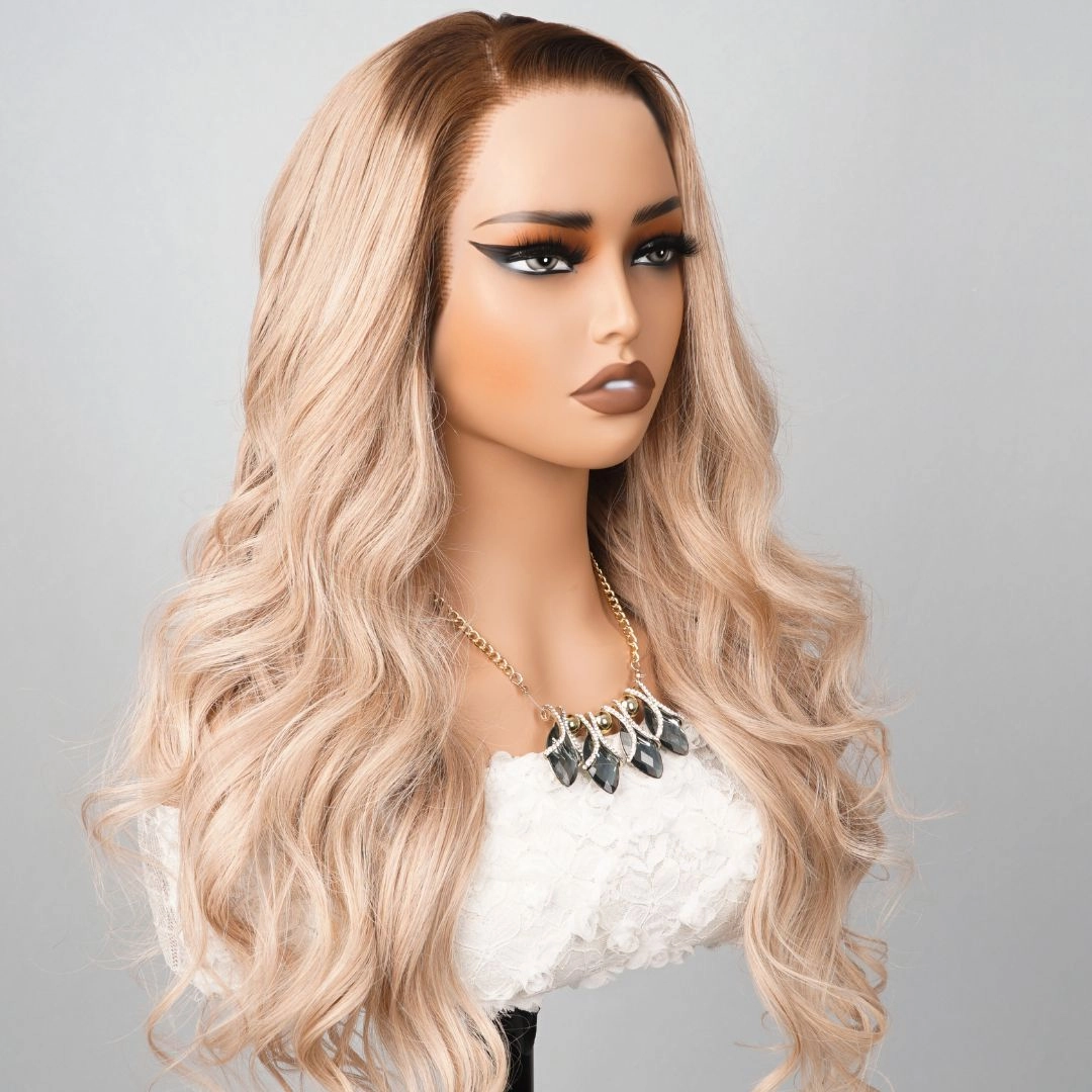 Luxury Designer Series Light Flaxen Brow with Dark Roots Wig Body Wave 13x4 Lace Front Gluleless Wigs