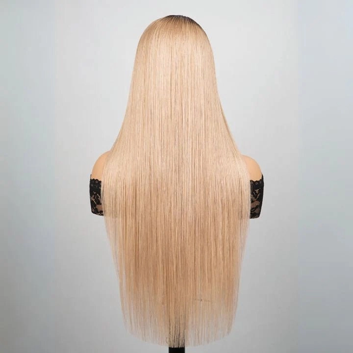Luxury Designer Series Light Flaxen Brow with Dark Roots Wig Straight 13x4 Lace Front Gluleless Wigs