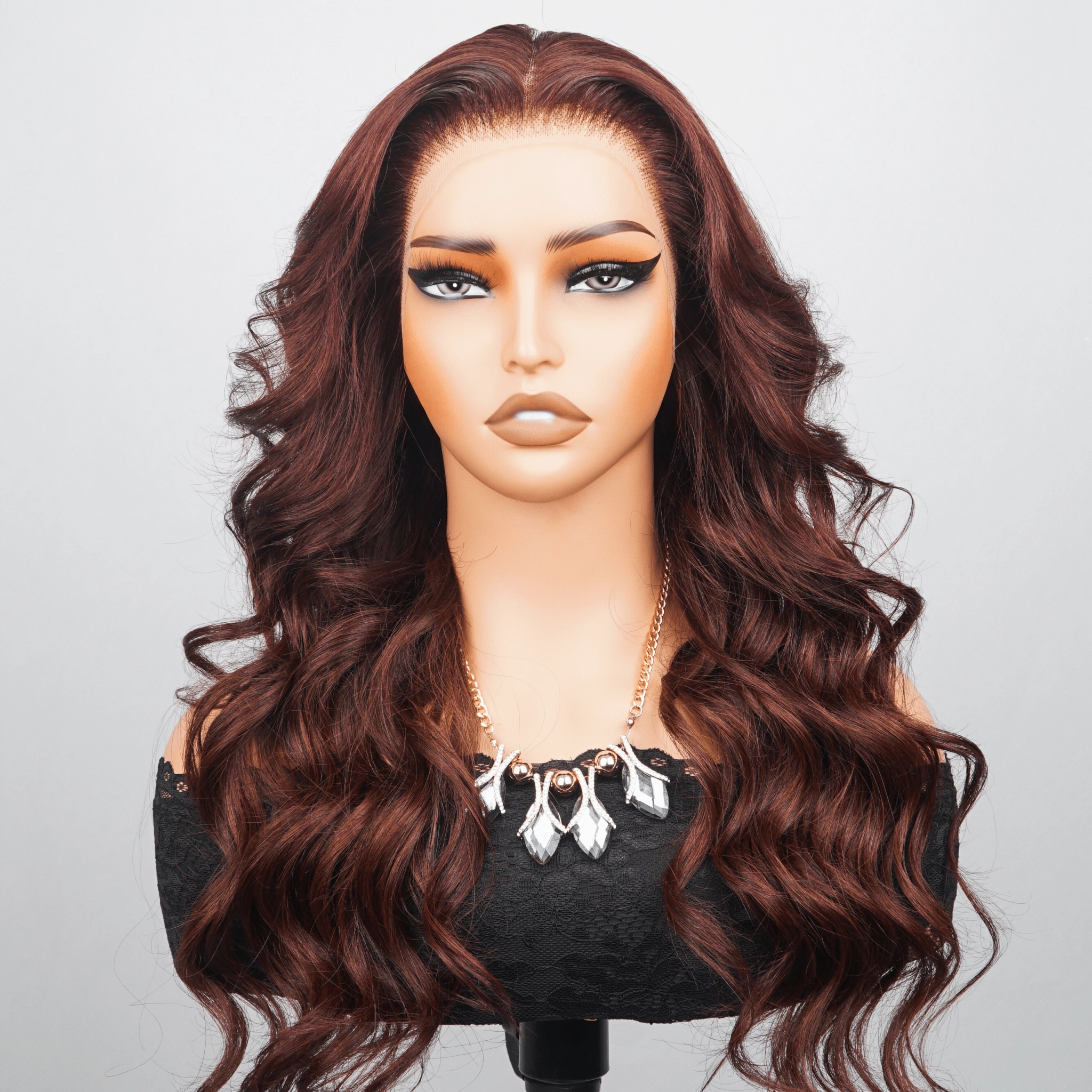 Luxury Designer Series Reddish Brown Loose Wave 13x4 Lace Front Wig 250% Density Human Hair Colored Wig Fashionable Wavy Hairstyle for All Occasions-GEETA HAIR