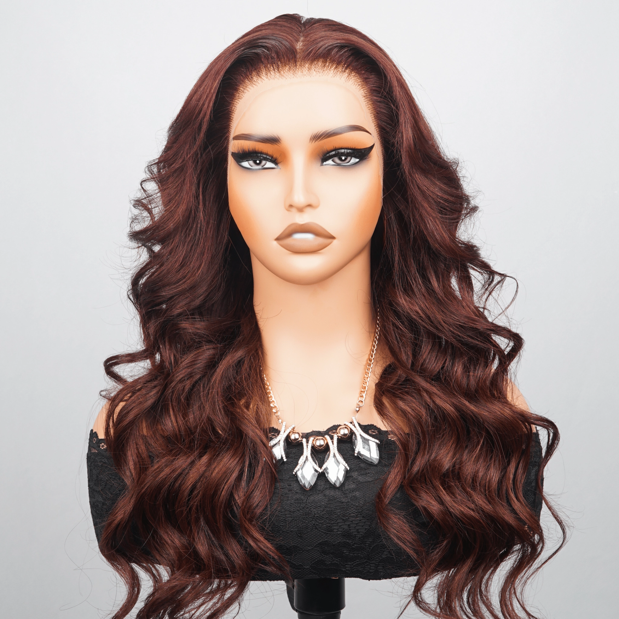 Luxury Designer Series Reddish Brown Loose Wave 13x4 Lace Front Wig 250% Density Human Hair Colored Wig Fashionable Wavy Hairstyle for All Occasions-GEETA HAIR