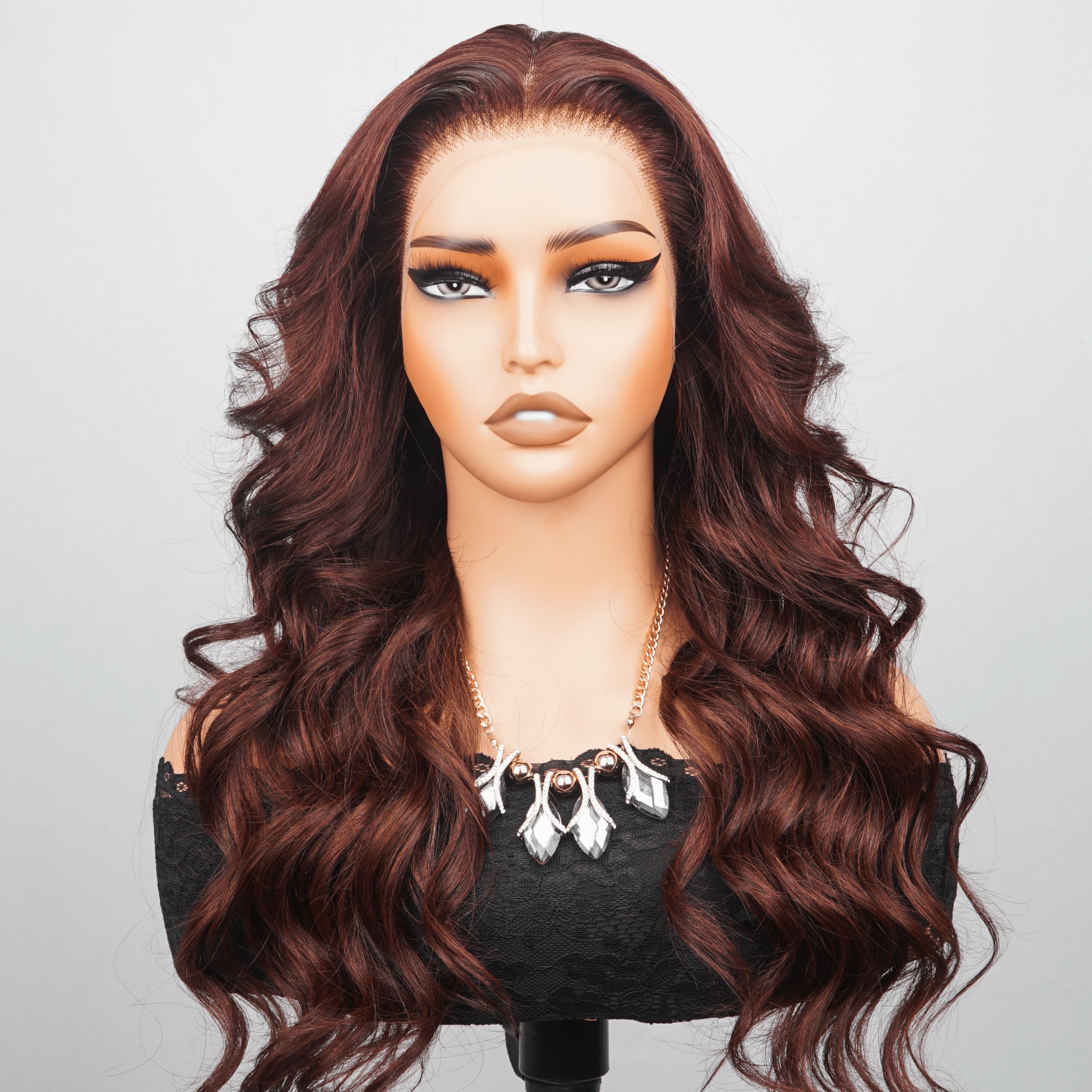 Luxury Designer Series Reddish Brown Loose Wave 13x4 Lace Front Wig 250% Density Human Hair Colored Wig Fashionable Wavy Hairstyle for All Occasions-GEETA HAIR