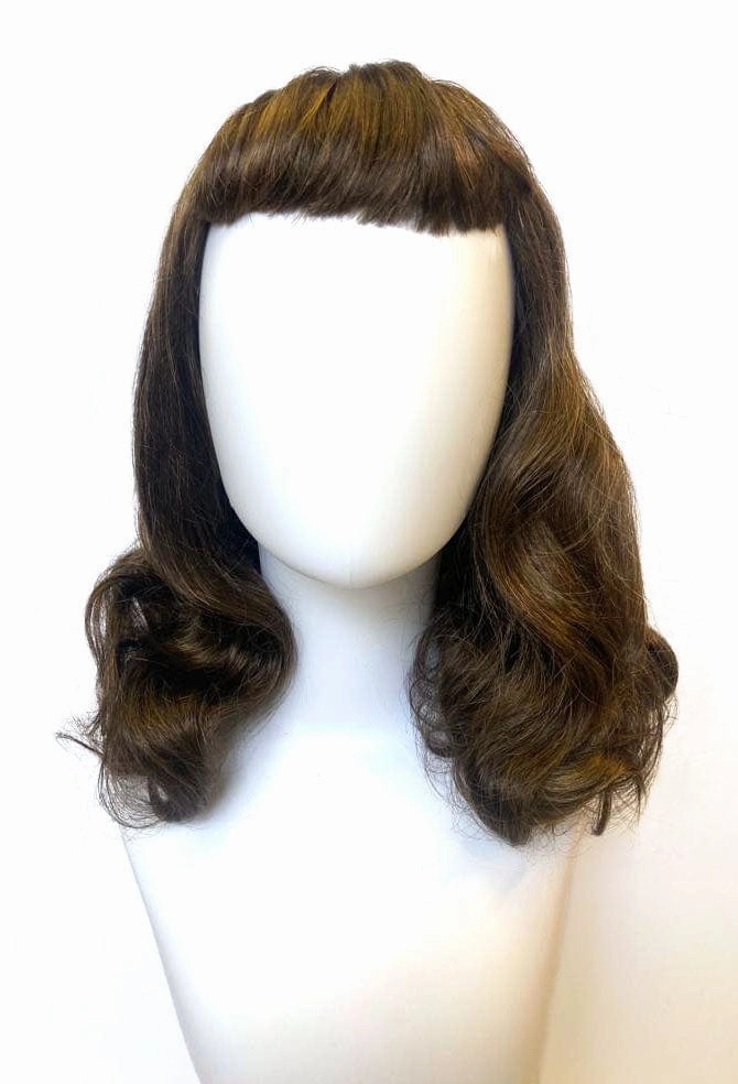 Medium brown pinup style wig, curled with short fringe: Carolina
