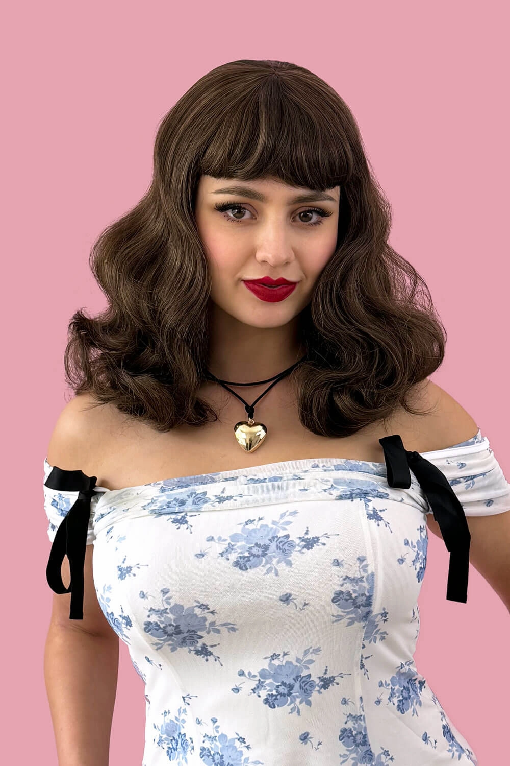 Medium brown pinup style wig, curled with short fringe: Carolina