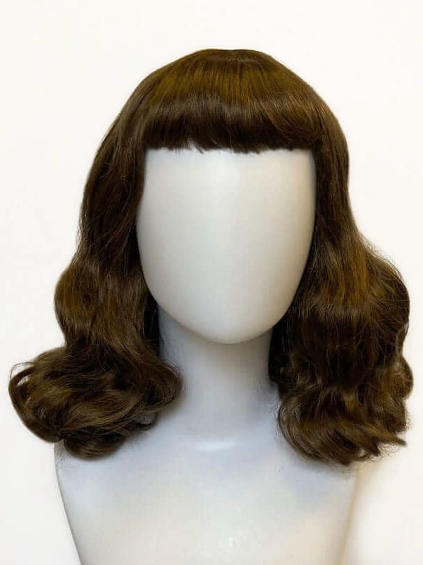 Medium brown pinup style wig, curled with short fringe: Carolina
