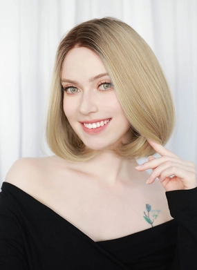 Mixed Blonde With Dark Roots Straight Mono Top Bob Lace Wig MN002