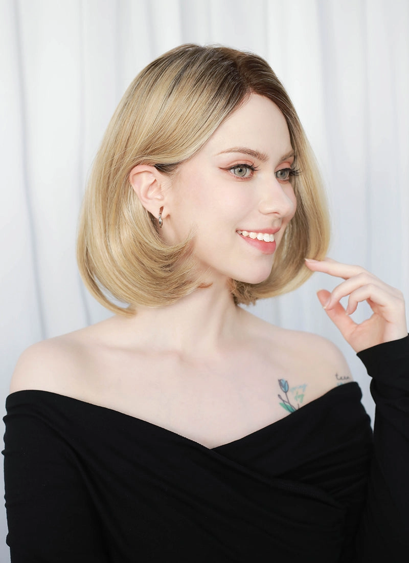 Mixed Blonde With Dark Roots Straight Mono Top Bob Lace Wig MN002