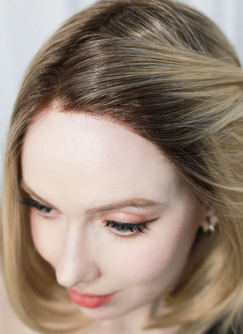 Mixed Blonde With Dark Roots Straight Mono Top Bob Lace Wig MN002