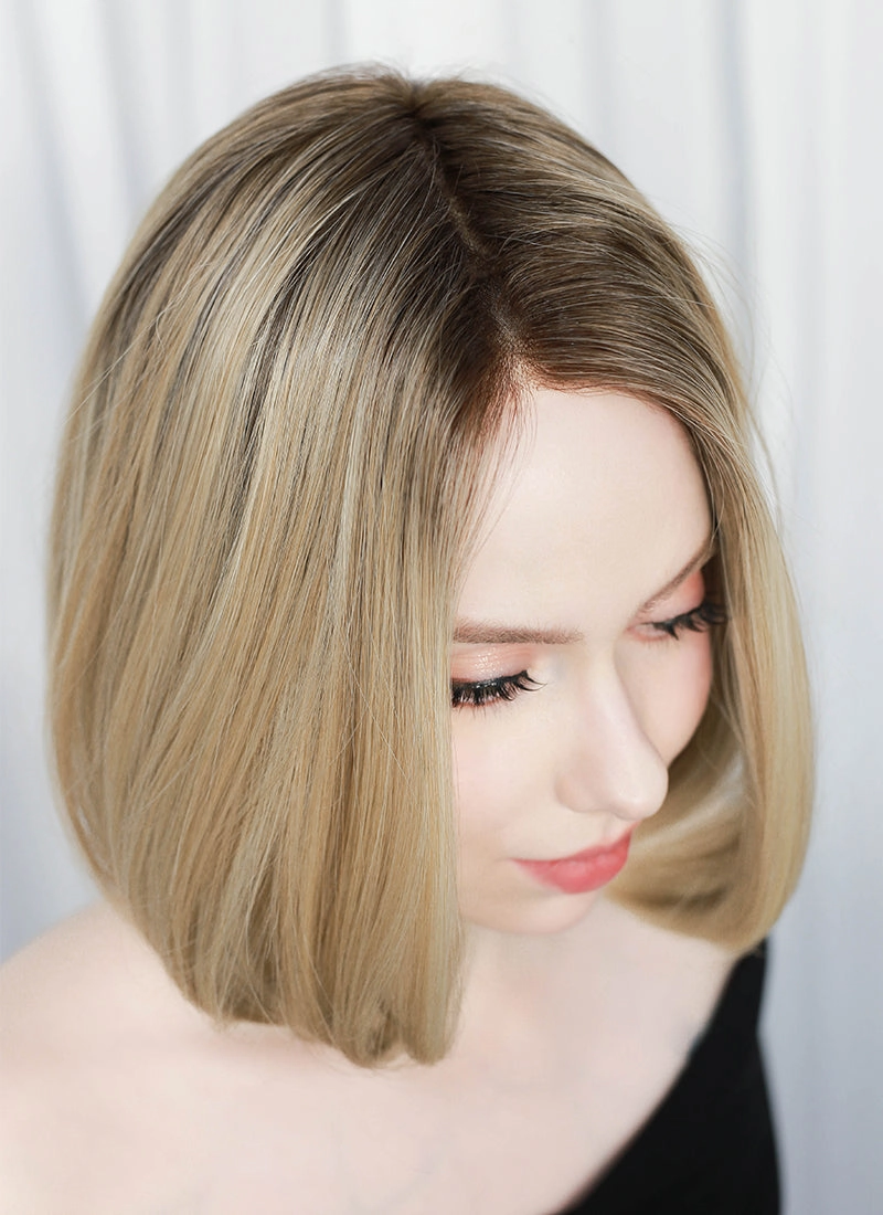 Mixed Blonde With Dark Roots Straight Mono Top Bob Lace Wig MN002