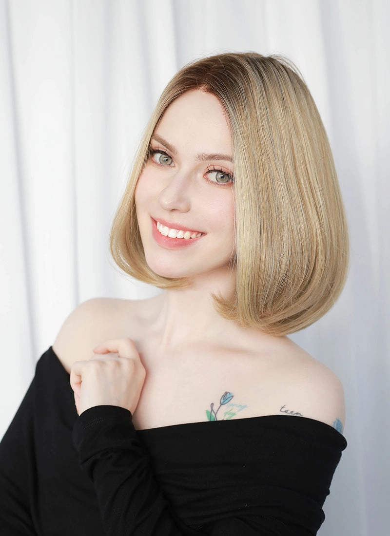 Mixed Blonde With Dark Roots Straight Mono Top Bob Lace Wig MN002