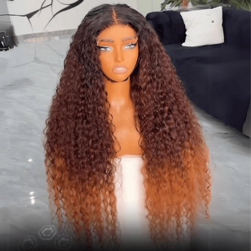 Ombre Brown Curly Lace Front Wigs Human Hair Pre Plucked Deep Curly Wave 13x4 HD Lace Frontal Wigs