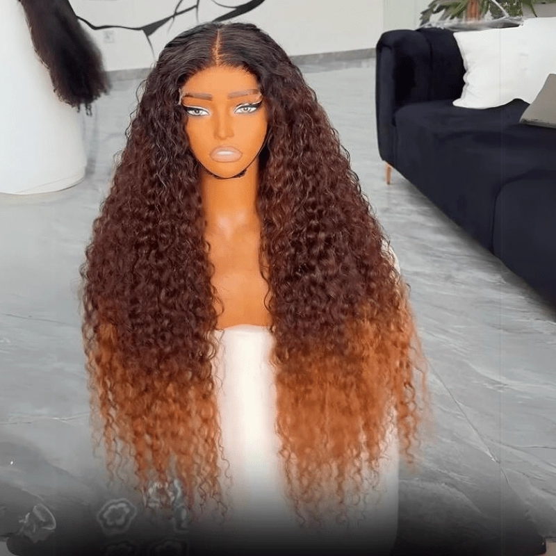 Ombre Brown Curly Lace Front Wigs Human Hair Pre Plucked Deep Curly Wave 13x4 HD Lace Frontal Wigs