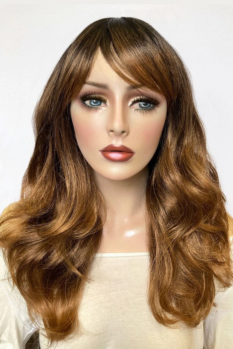 Ombre brown wig with reddish brown highlights & waves: Serenity