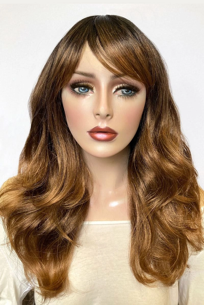 Ombre brown wig with reddish brown highlights & waves: Serenity
