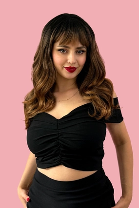 Ombre brown wig with reddish brown highlights & waves: Serenity