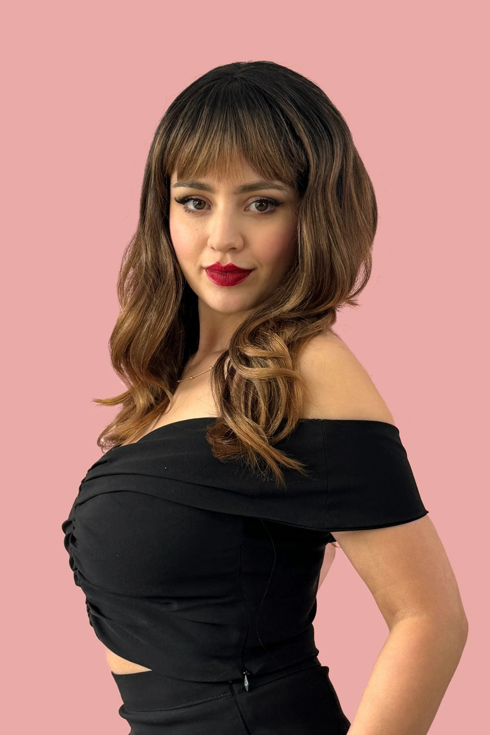 Ombre brown wig with reddish brown highlights & waves: Serenity