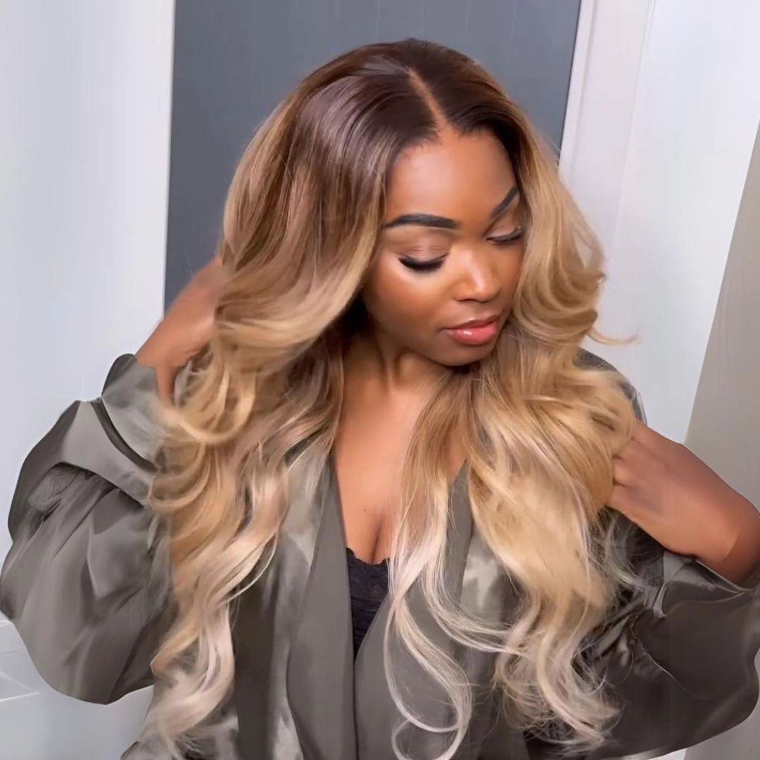 Ombre Honey Blonde Human Hair Wigs Natural Wavy 13x4 Lace Front Wig 180% Density Pre Plucked Honey Blonde Body Wave Wigs For Black Women