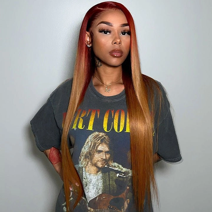 Ombre Red And Honey Blonde Straight HD Lace Front Wig Pre Plucked With Baby Hair Lace Front Wig