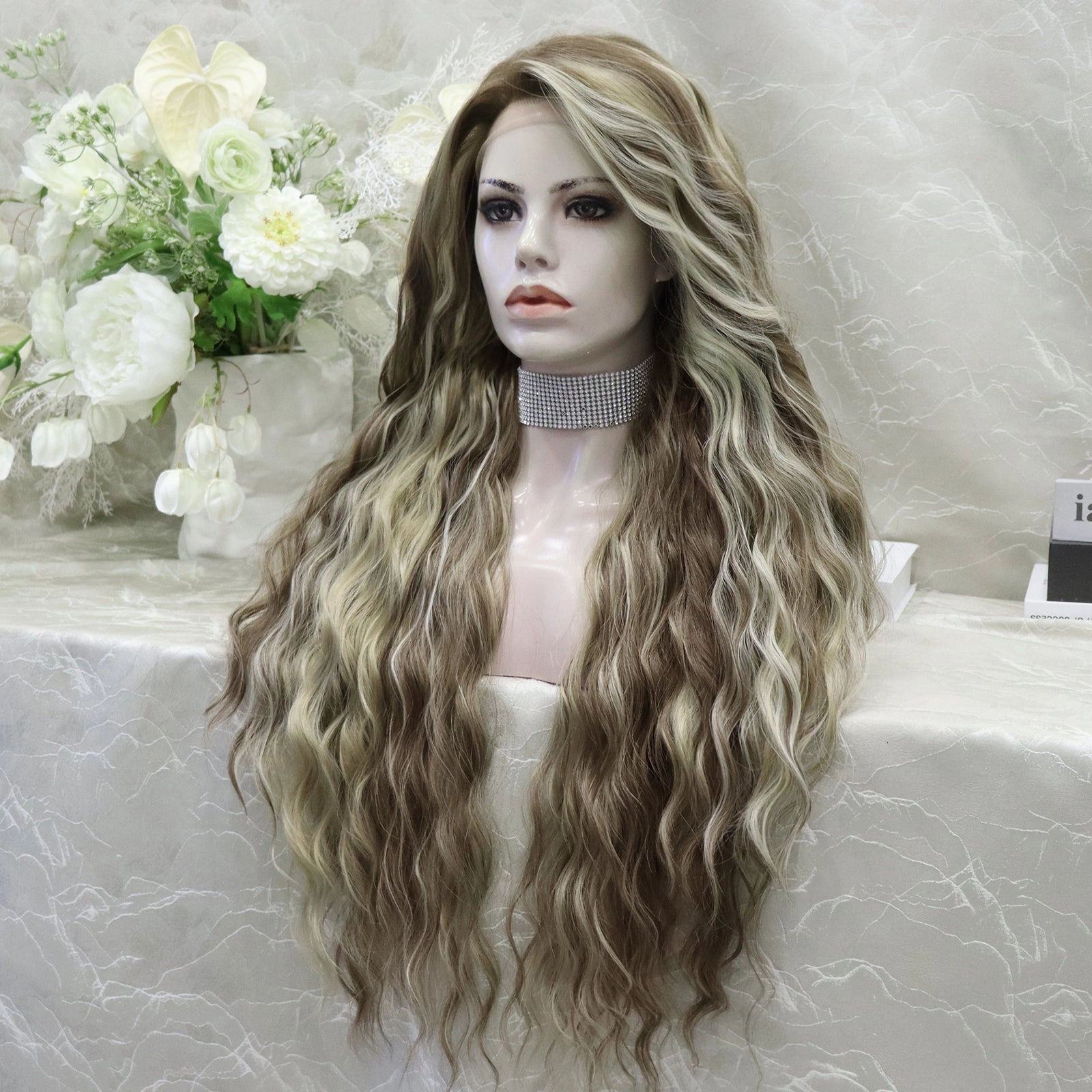 ON-SALE Emmy loose water wavy with brown and blonde highlight free parting(13*4) 28 inches lace front wig