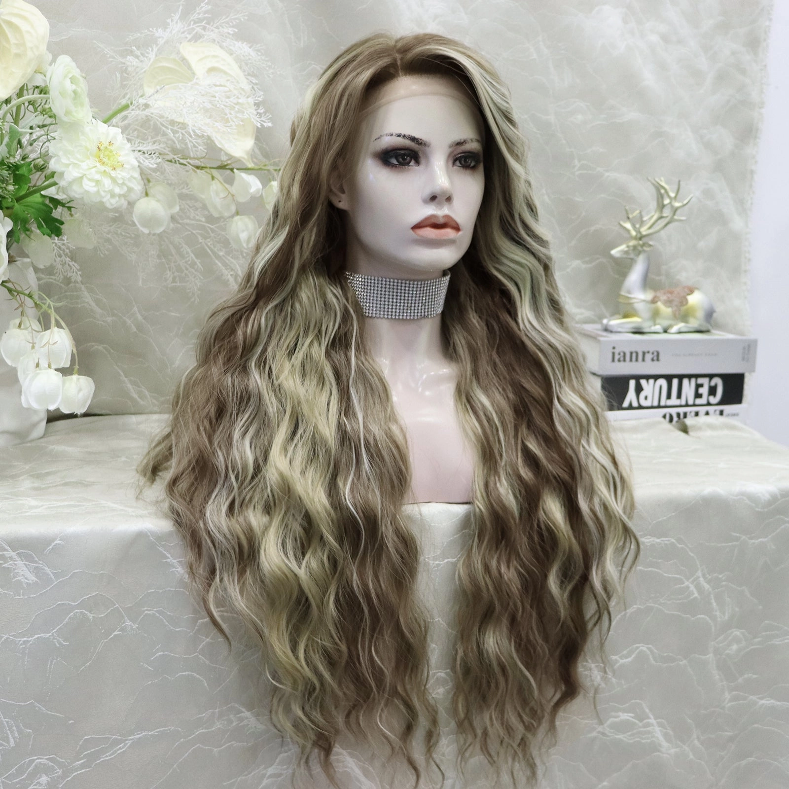 ON-SALE Emmy loose water wavy with brown and blonde highlight free parting(13*4) 28 inches lace front wig