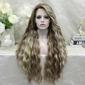 ON-SALE Emmy loose water wavy with brown and blonde highlight free parting(13*4) 28 inches lace front wig