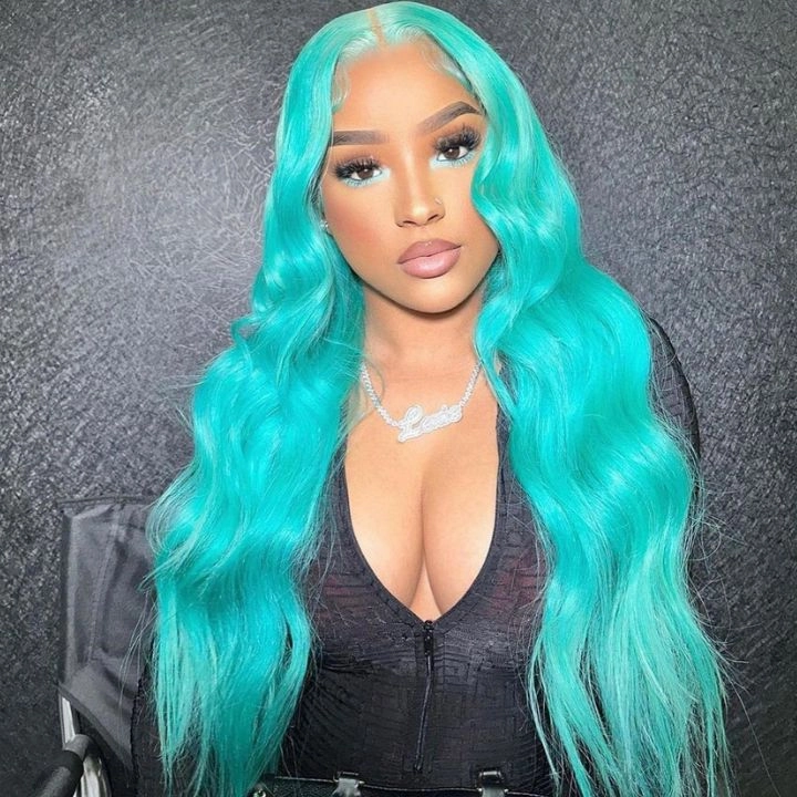 Over $101 Save $100: 6x4.5 Mint Green Body Wave Pre Cut HD Transaparent Lace Human Hair Wigs - Spring 2023 Flash Sale