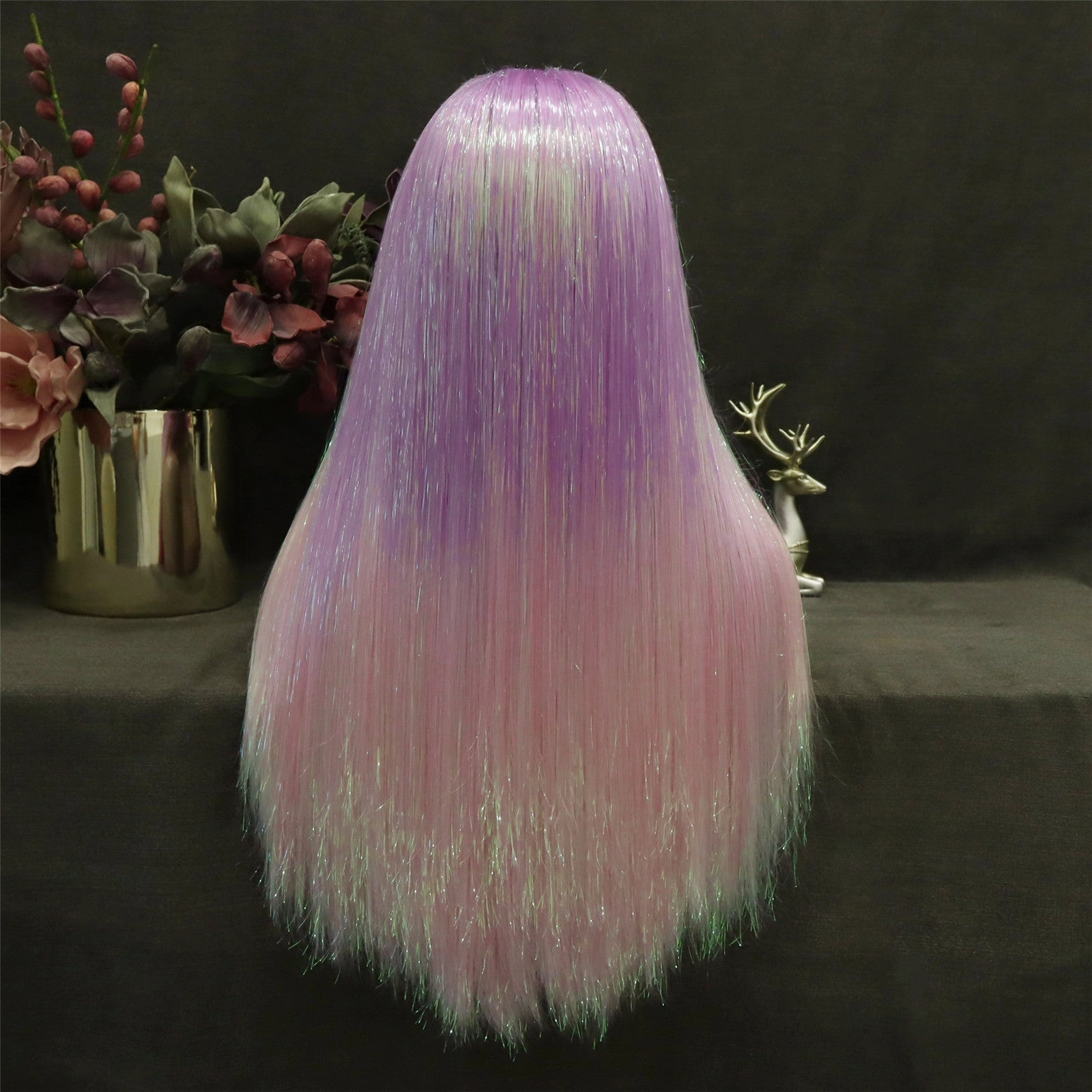 Pink Ombre Tinsel With Synthetic Long Straight Lace Front Costume Party Wig