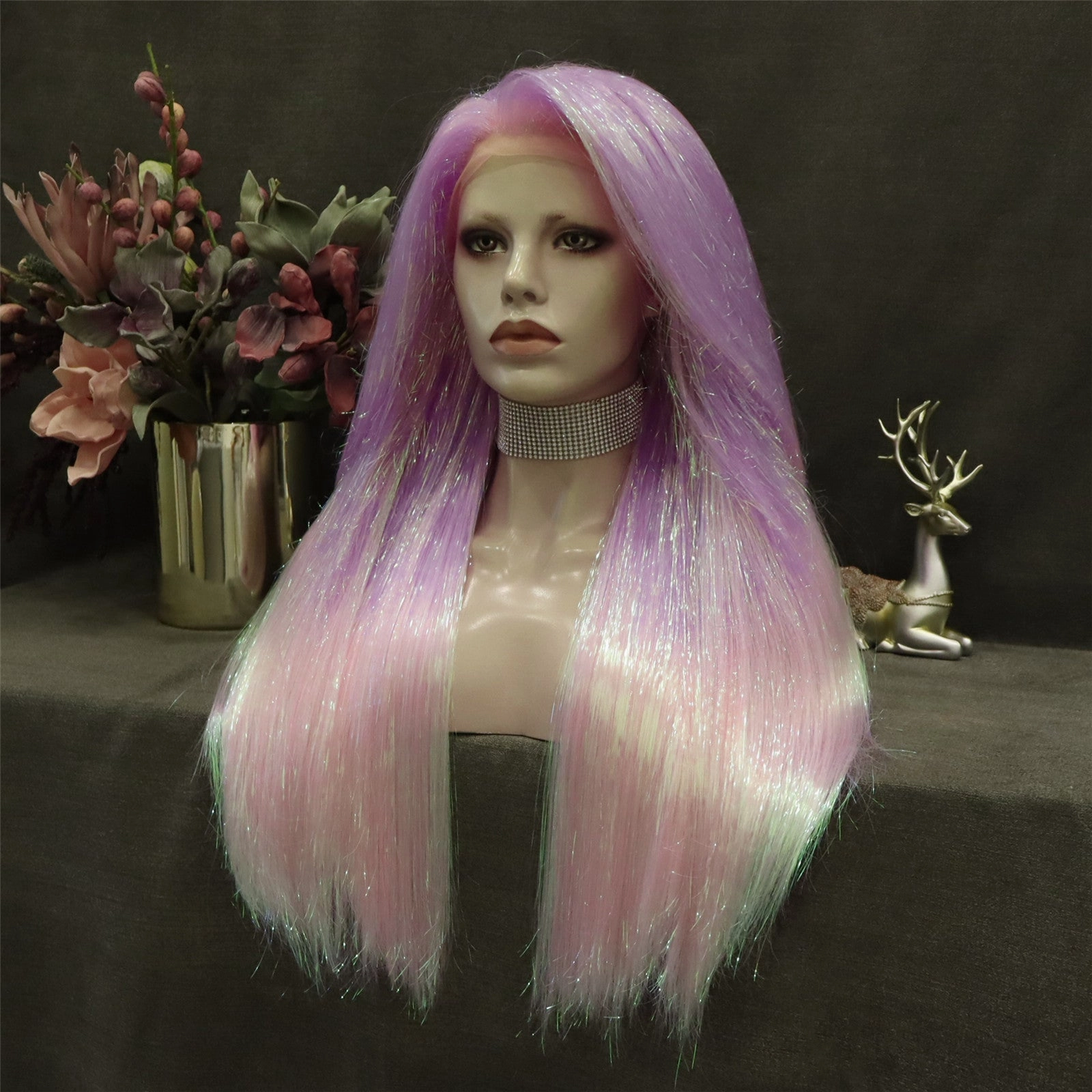 Pink Ombre Tinsel With Synthetic Long Straight Lace Front Costume Party Wig
