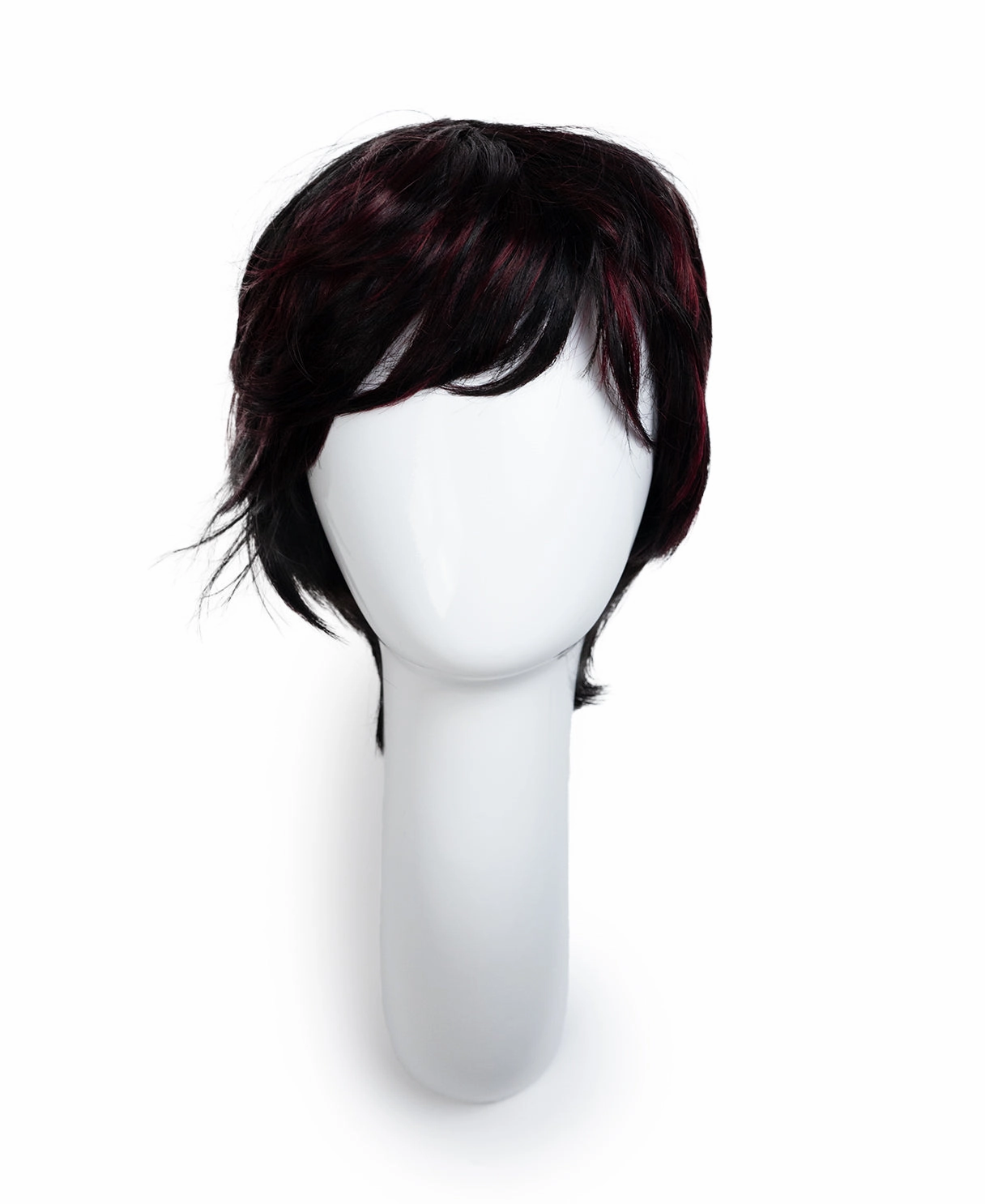 pixie human wig with side bangs - 6" black and red.