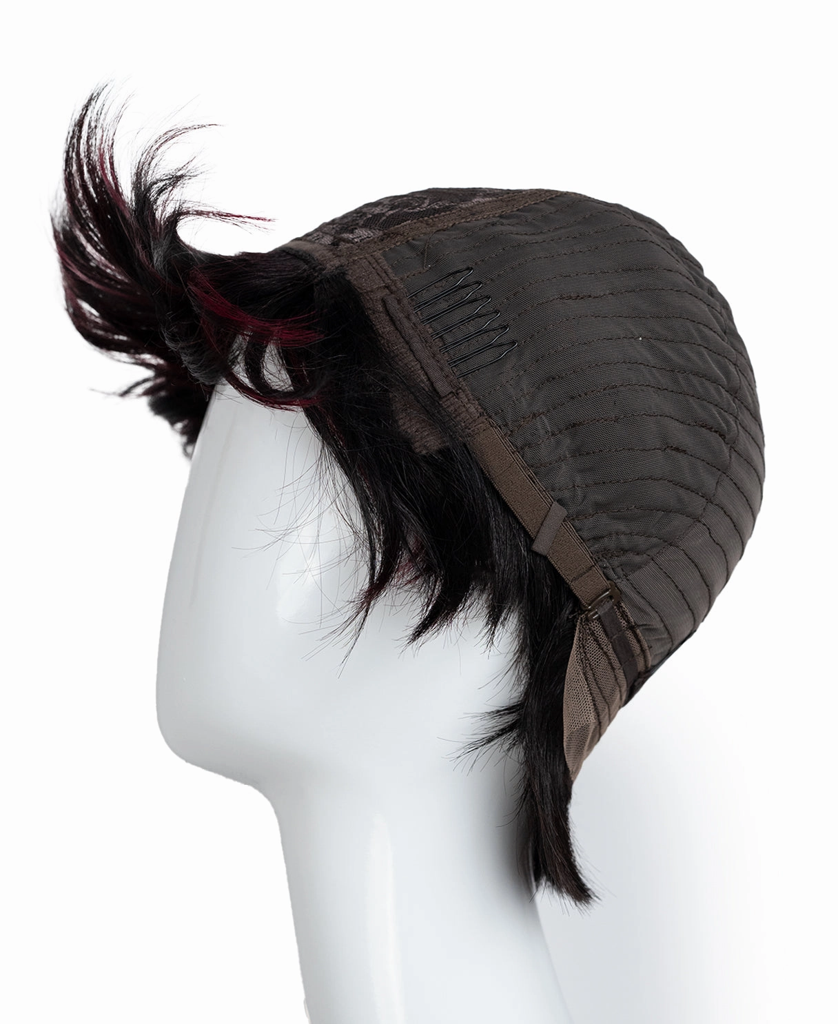 pixie human wig with side bangs - 6" black and red.