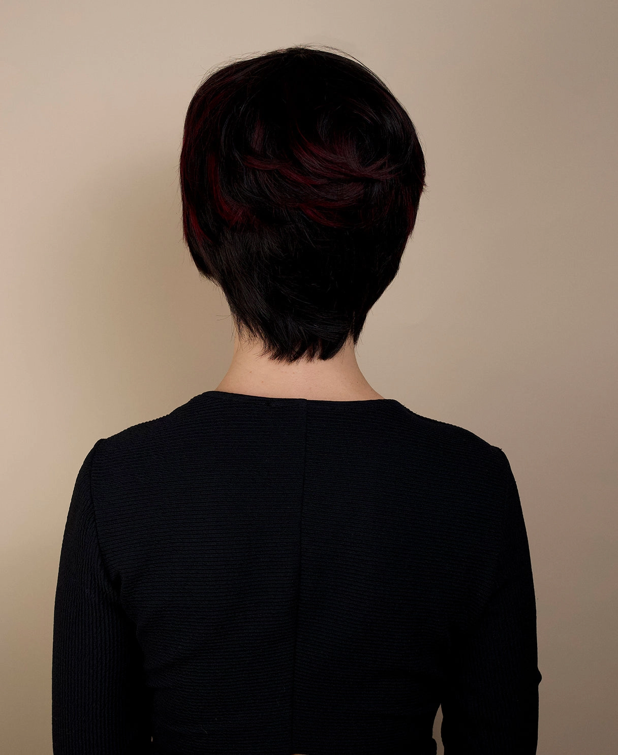 pixie human wig with side bangs - 6" black and red.