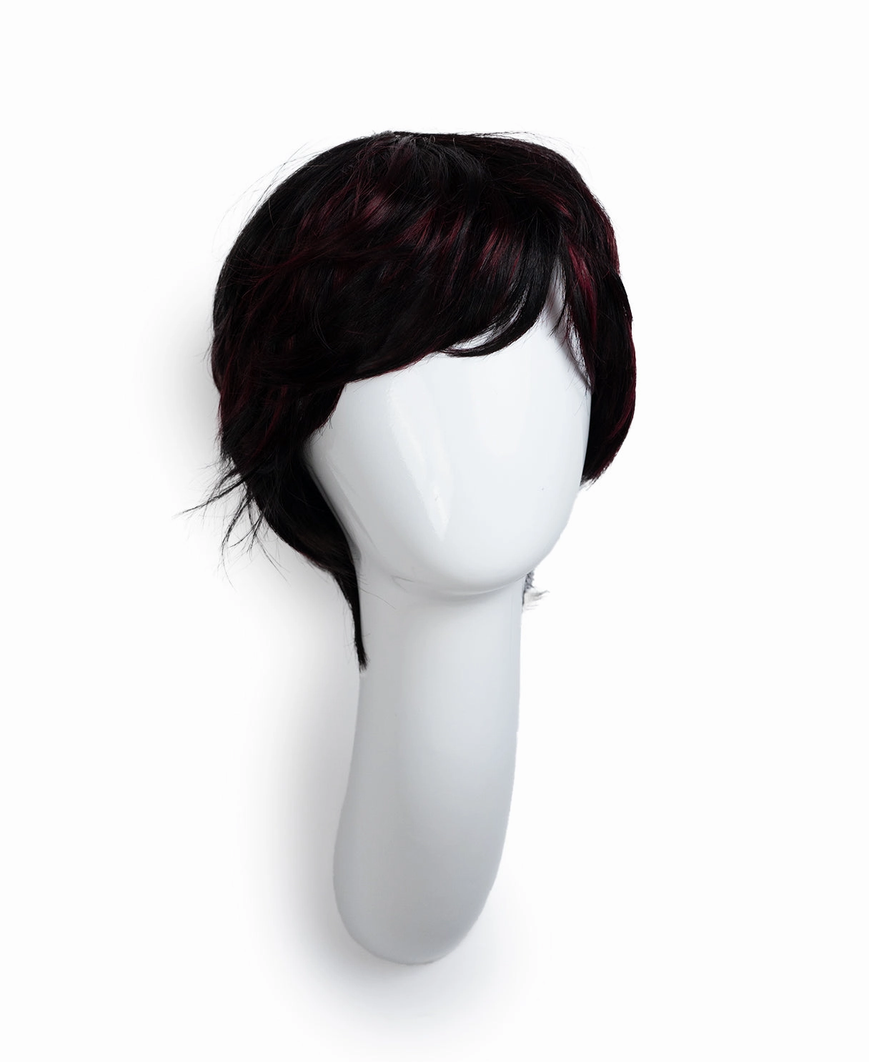 pixie human wig with side bangs - 6" black and red.