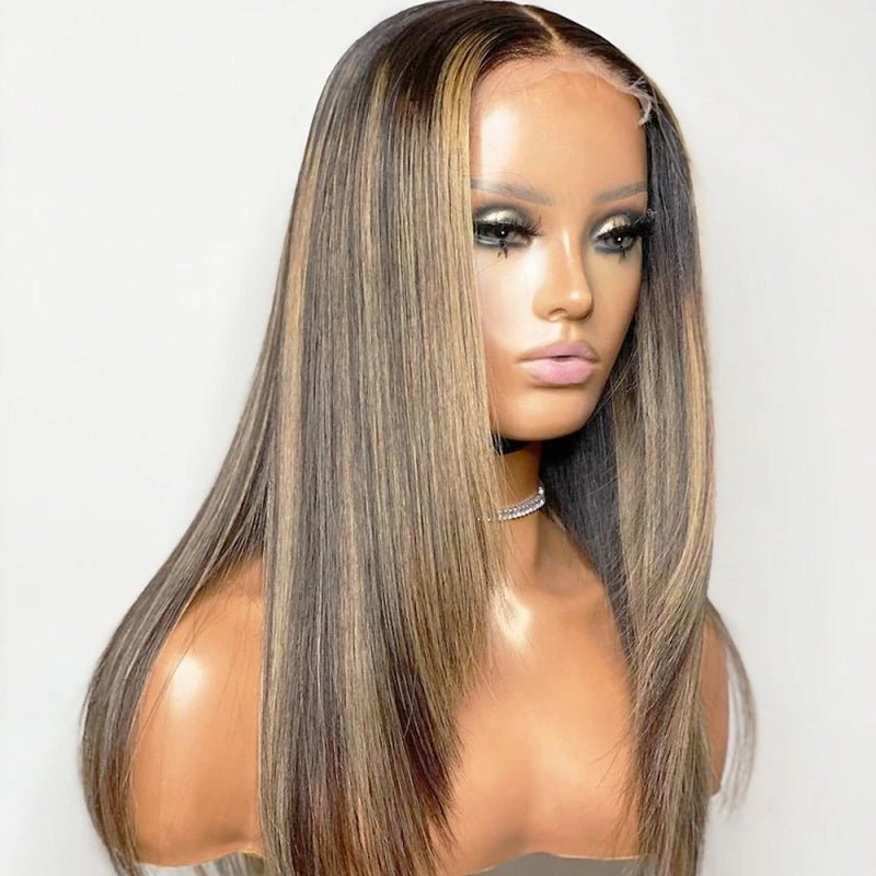 Pre Bleached Knots Straight Layered Cut 13x4 Lace Front Wig Ombre Highlight Straight Wig 180% Density