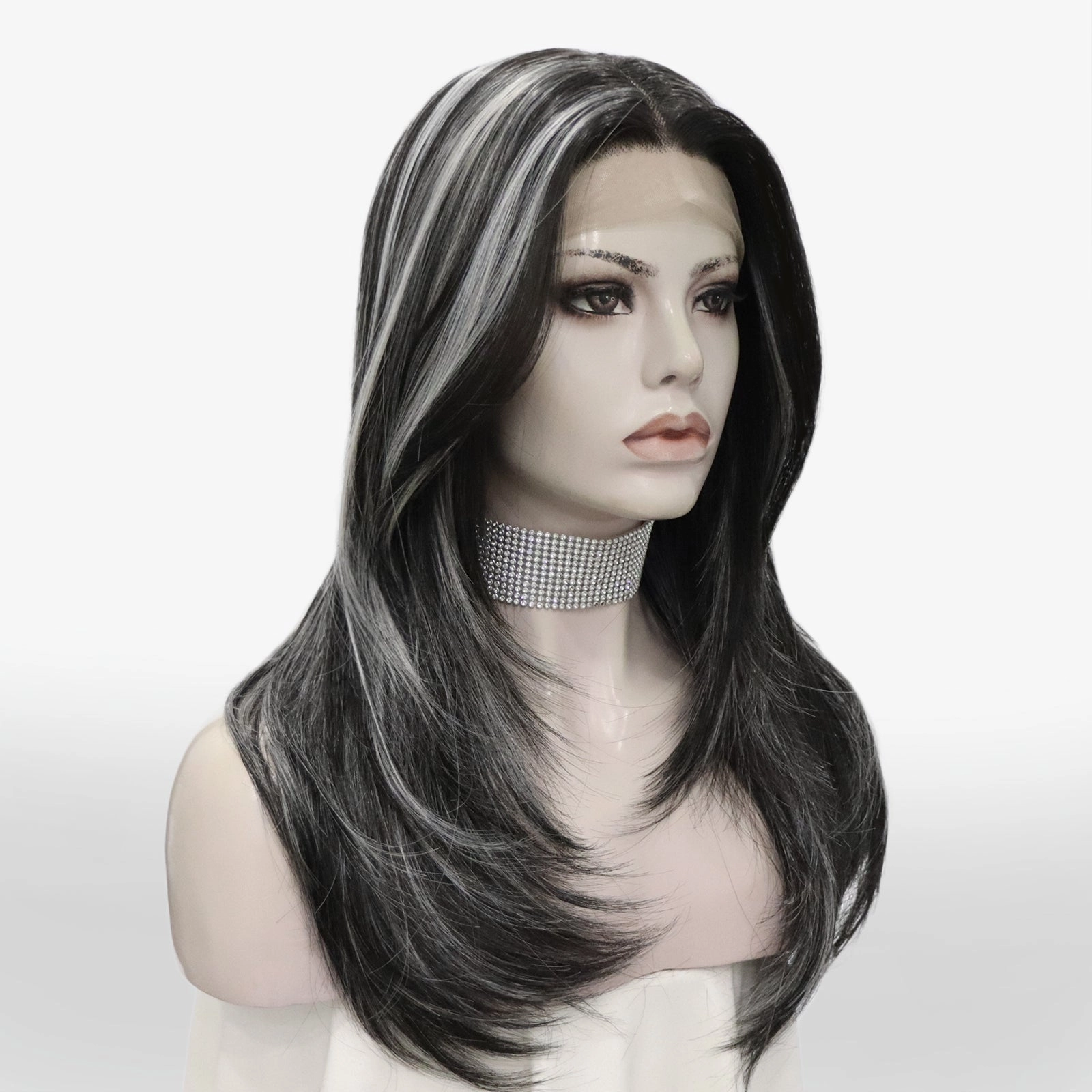 PRE-ORDER Yvonne black with Highlight layers cut salt and pepper style lace Front wig