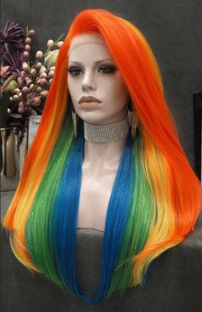 Pride - Rainbow Color With Gold Tinsel Long Straight Synthetic Lace Front Wig