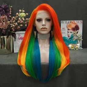 Pride - Rainbow Color With Gold Tinsel Long Straight Synthetic Lace Front Wig