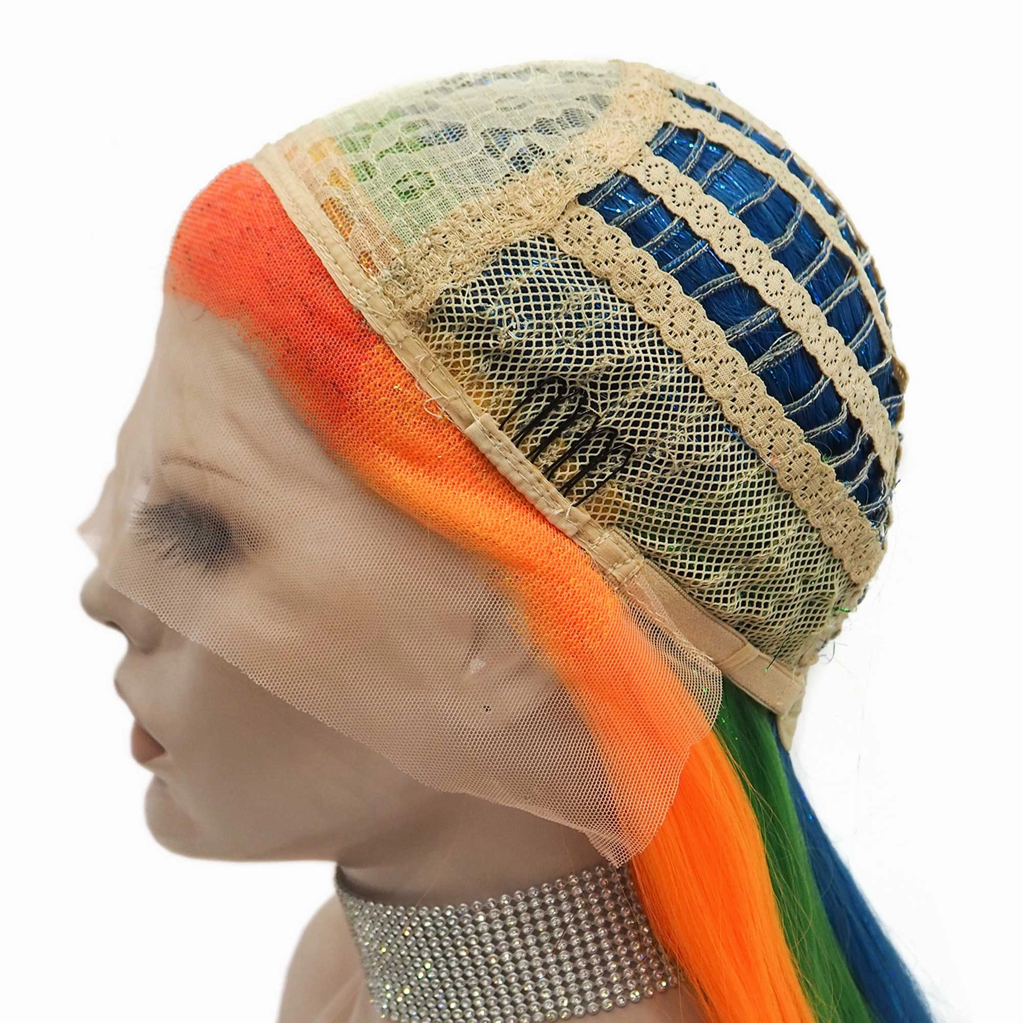 Pride - Rainbow Color With Gold Tinsel Long Straight Synthetic Lace Front Wig
