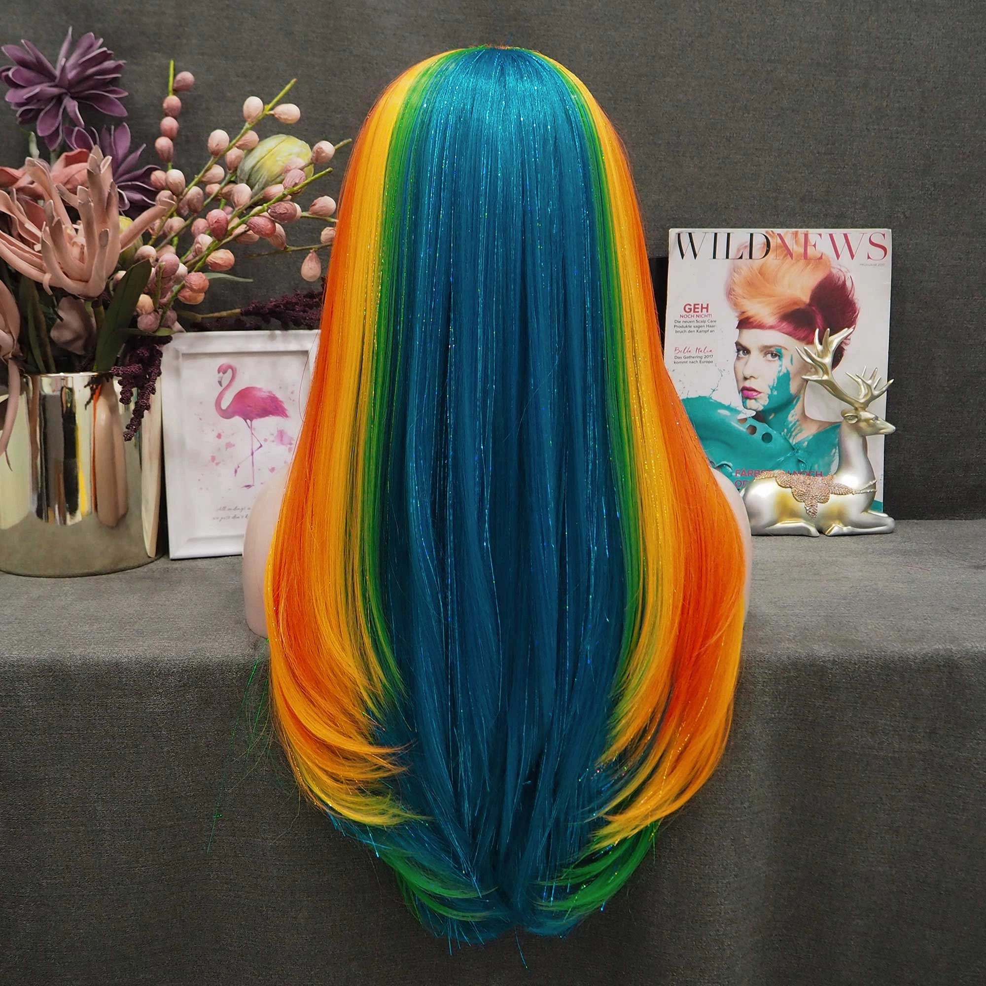 Pride - Rainbow Color With Gold Tinsel Long Straight Synthetic Lace Front Wig